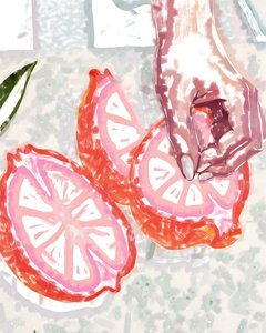 Hand und rosa Zitrusfrucht von Uma Gokhale