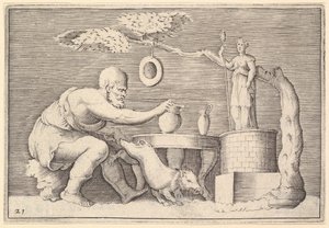 Ein Faun oder Satyr bereitet ein Schwein für das Opfer vor, veröffentlicht ca. 1599-1622