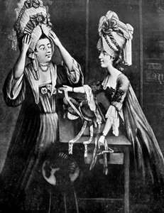 Ein Hutmacherladen, Mrs. Monopolize, die Frau des Metzgers, kauft eine moderne Kopfbedeckung, 1772 von Unbekannt