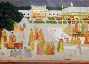 Eine Mogul-Malerei einer Prinzessin und ihrer Damen, die Diwali feiern von Unbekannt