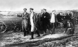 Ein Gemälde von K. Finogenov von J. V. Stalin, G. K. Ordjonikidze, M. I. Kalinin, L. M. Kaganovich und A. A. Zhdanov auf dem Versuchsfeld des Auto-Traktor-Instituts
