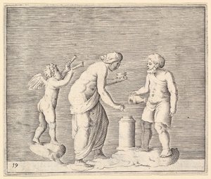 Eine Frau und ein Mann opfern in Gegenwart von Amor, veröffentlicht ca. 1599-1622