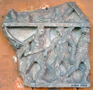 Ein Basrelief eines Kampfes zwischen Secutor und Retiarius, 3. Jahrhundert, Rom