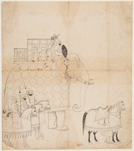 Eine Zeichnung eines geschmückten Elefanten und Pferden, um 1760