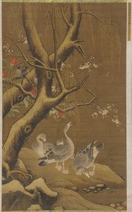 Eine Gruppe von Gänsen unter schneebedeckter Weide und blühenden Bäumen, Ming-Dynastie von Unbekannt