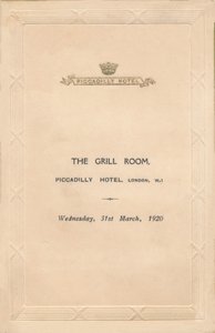 Ein Menü für den Grill Room des Piccadilly Hotels, London, 1920