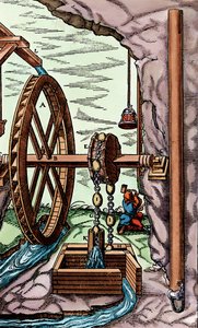 Eine Mine wird von einer Lappen- und Kettenpumpe, die von einem oberschlächtigen Wasserrad angetrieben wird, entwässert, 1556 von Unbekannt