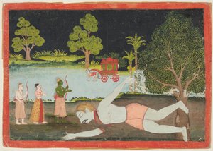 Eine Seite aus einem Ramayana: Rama, Lakshman und Sita vor einem erschlagenen Riesen, ca. 1770 von Unbekannt