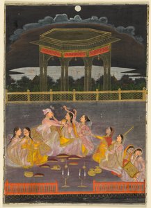 Ein Prinz feiert Holi mit Palastfrauen auf einer Terrasse bei Nacht, um 1760 von Unbekannt