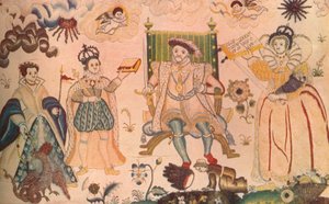 Ein Wandteppich mit Heinrich VIII., Edward VI. und Elizabeth I. Vermutlich elisabethanisch