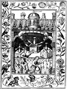 Alchemisches Labor, das verschiedene Formen von Öfen und Gefäßen zeigt, 1652