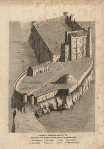 Antike Befestigung: Verlies 1, Kapelle 2, Stall 3, innerer Burghof 4, äußerer Burghof 5, Barbakane 6, Berg 7 und Soldatenunterkünfte 8