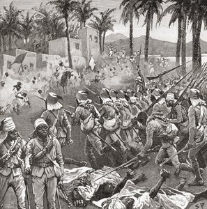 Anglo-ägyptische Truppen stürmen das Dorf Ferkeh in der Schlacht von Ferkeh oder Firket, 7. Juni 1896, während des Mahdi-Aufstands