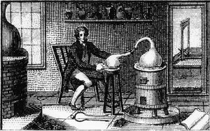 Antoine Laurent Lavoisier, französischer Chemiker des 18. Jahrhunderts, in seinem Labor, 1814