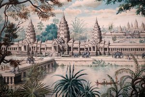 Asiatisches Zivilisationsmuseum, Angkor, Erkundung der heiligen Stadt Kambodschas, Ansicht von Angkor Wat, Druck basierend auf einer Zeichnung von Jacques Guiaud nach einer Skizze von Henri Mouhot, Ansicht von Angkor Wat von Louis Delaporte um 1870-73, Sin