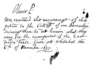 Autographische Notiz von Oliver Cromwell zu einer Petition der East India Company, November 1657, 1893