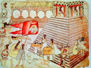Aztekische Krieger verteidigen den Tempel von Tenochtitlan gegen die Konquistadoren, 1519-1521