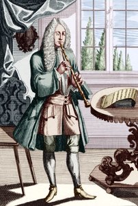 Barockoboe Musiker, Beschriftung lautet - Mann spielt Hautbois (oder Hautbois), was eine frühe Oboe ist. Gravur von J. C. Weigel (1661-1726) aus Musikalisches Theatrum.