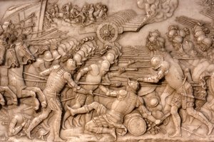 Basilika von St. Denis, Grab von Franz I. König von Frankreich und Claude von Frankreich, Relief der Stiftung, Darstellung der Schlacht von Marignano 1515 - die Franzosen und ihre Artillerie gegen die Alte Eidgenossenschaft, Saint-Denis, Frankreich von Unbekannt