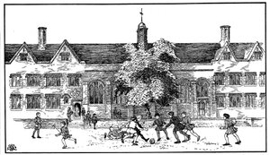 Jungen in der Tudor-Zeit spielen Fußball an der Berkhamsted Grammar School, Hertfordshire