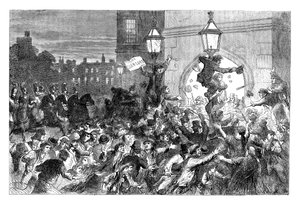 Brotaufstände am Eingang zum House of Commons, Westminster, London, 1815 ca. 1895