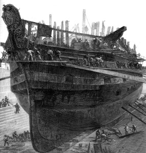 Abwracken des Hospitalschiffs Dreadnought in der Werft von Chatham, 1875