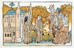 Brotverteilung durch Klosterbrüder an Arme