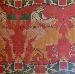 Byzantinische Seide mit einem Motiv eines Helden und Löwen