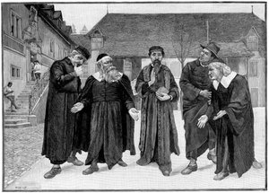 Calvin und die vier Syndics im Hof des Colleges von Genf