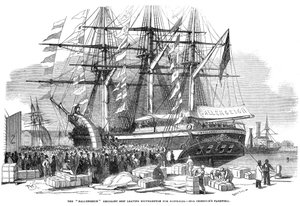 Caroline Chisholm spricht zu einer Menge vom Auswandererschiff Ballengeich, 1852