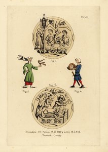 Gelage mit Männern in Cyclas, ermahnt von einem Mann in einer juristischen Haube und Kapuze, Sterbeszene mit dem Teufel, der die Seele eines Mannes nimmt, Frau in Haube und Hörnerhut mit Cointose-Schal und Vogel, Henker von Johannes dem Täufer mit seinem K
