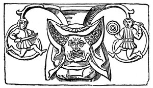 Schnitzerei einer Frau mit einem gehörnten Kopfschmuck, 15. Jahrhundert, 1910