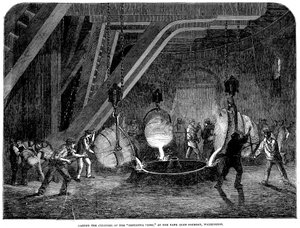 Gießen des Zylinders der Britannia-Presse in der Bank Quay Gießerei, Warrington, 1851