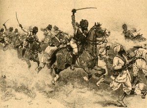 Angriff der Kavallerie in der Schlacht von Miani Meeanee, Sindh, Indien, 1843 um 1890