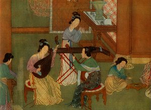 Chinesische Laute pi-pa, Mondgitarre yue-chin und Tischzither tchin, (Detail)