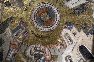 Chora-Kirche-Museum: Mosaik, das die Jungfrau Maria zeigt, wie sie Liebe von ihren Eltern Joachim und Anna erhält, Istanbul, Türkei