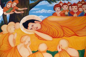 Chua Tu Quang buddhistischer Tempel. Liegender Buddha-Gemälde. Nach 45 Jahren der Lehre des Dharma ging der Buddha ins Parinirvana ein. Vung Tau. Vietnam von Unbekannt