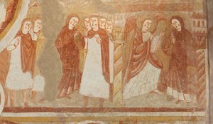 Kirche (Église Saint-Martin). Innenraum. Wandmalereien (Fresko). Westwand des Kirchenschiffs. Detail. Anklage und Verkündigung der Jungfrau. 12. Jahrhundert