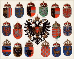 Wappen der Grafschaften Österreich-Ungarns und kleines österreichisches Nationalwappen, ca. 1907 von Unbekannt