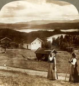 Landmädchen in der Heuernte - über Bolkesjo und Folsjo Seen zu den Himingen Bergen, Norwegen, ca. 1905