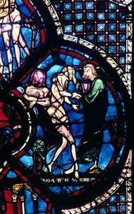 Erschaffung Evas, Buntglas, Kathedrale von Chartres, Frankreich, 1205-1215
