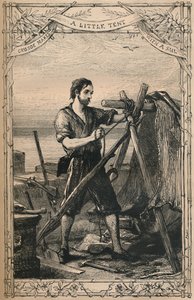 Crusoe baut ein kleines Zelt mit einem Segel, ca. 1870