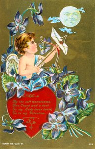Amor schießt einen Pfeil mit einem Liebesbrief, amerikanische Valentinskarte, 1908