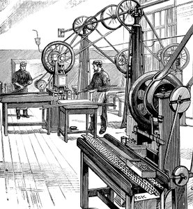Schneiden von Münzrohlingen aus Metallstreifen, Royal Mint, London, 1897 von Unbekannt