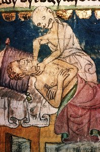 Der Tod erwürgt ein Opfer der Pest. Aus dem Stiny-Codex, 14. Jahrhundert von Unbekannt