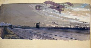 Anfänge der Luftfahrt: Louis Paulhan (1884-1963) überquert eine Eisenbahnstrecke in seinem Doppeldeckerflugzeug während des 300 km langen Rennens London/Manchester am 27. und 28. April 1910 von Unbekannt