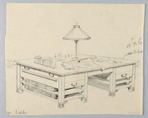 Entwurf für massiven Bibliothekstisch mit zwei offenen Regalböden auf jeder Seite, 1900–05 von Unbekannt