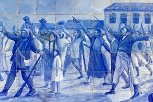 (Detail) Azulejo-Mosaik, das die Menschen von Cachoeira zeigt, die Prinz Pedro zujubeln, der Brasilien zur Unabhängigkeit führte, Cachoeira, Brasilien