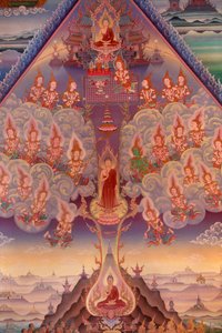 Detail eines Wandgemäldes in der Uposatha (Schreinhalle) des Buddhapadipa-Tempels, Wimbledon, Großbritannien
