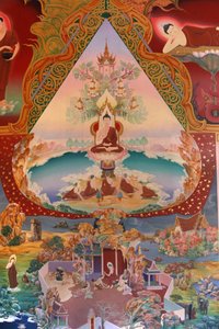 Detail eines Wandgemäldes in der Uposatha (Schreinhalle) des Buddhapadipa-Tempels, Wimbledon, Großbritannien
